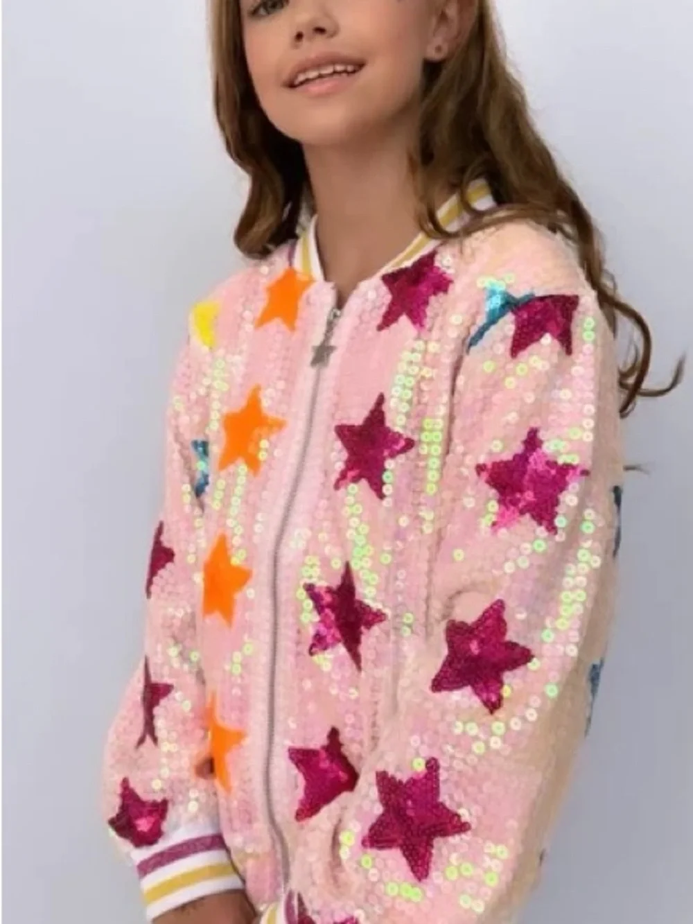Lola + The Boys Pink Sequin Star Puffer Jacket